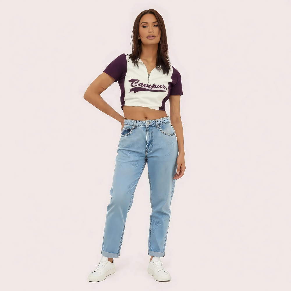 Women's Purple "Campus" Zip Polo Crop Top – Collegiate-Inspired Style