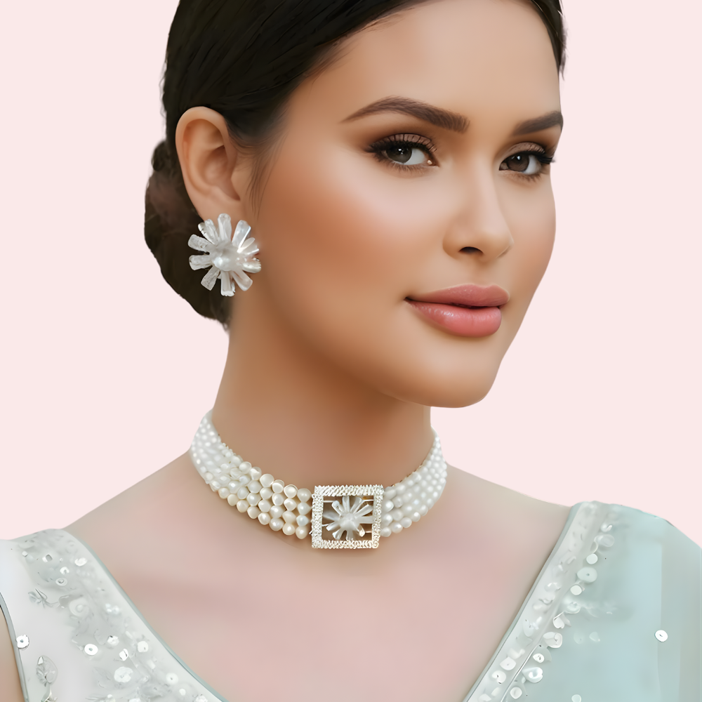 Ivory Pearl Choker Necklace & Floral Statement Earrings Set